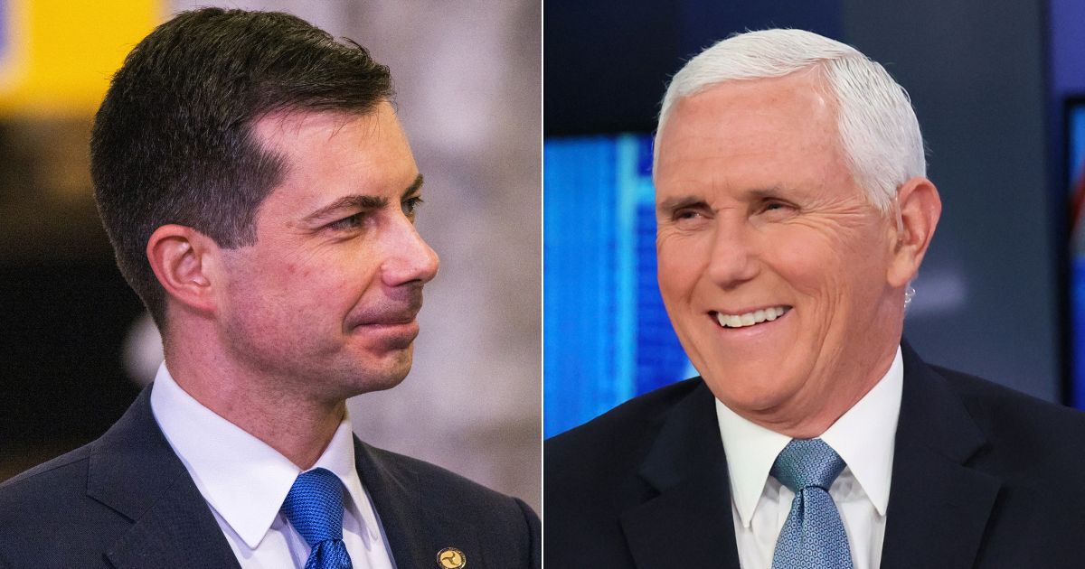 Former Vice President Mike Pence, right, made a joke about Transportation Secretary Pete Buttigieg's, left, parental leave, calling it "maternity leave" instead of paternity leave, which has sparked outrage from the White House due to the comments being "homophobic."