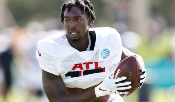 Atlanta Falcons wide receiver Calvin Ridley runs with the ball during a joint practice with the Miami Dolphins in Miami Gardens, Florida, on Aug. 19, 2021.