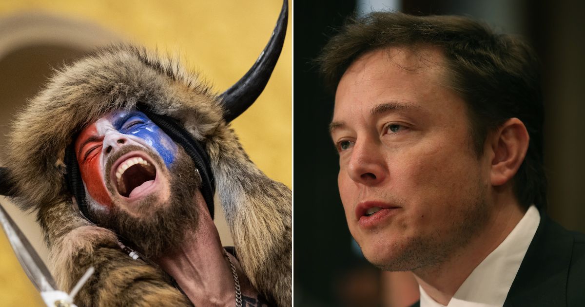 Elon Musk, right, has called for the release of 'QAnon shaman' Jacob Chansley in light of newly released video from the Jan. 6, 2021, Capitol incursion.