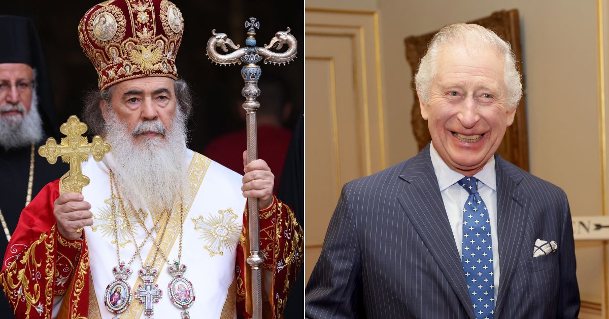 Greek Orthodox Patriarch of Jerusalem Theophilos III, left, has anointed the oil to be used during the May coronation of King Charles III, right.