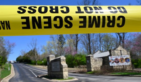 A police crime scene tape is seen at the entrance to Covenant School in Nashville, Tennessee, Monday. Three children and three adults were killed in a shooting at the private Christian grade school before police shot and killed an armed suspect.