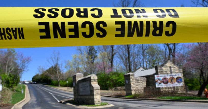 A police crime scene tape is seen at the entrance to Covenant School in Nashville, Tennessee, Monday. Three children and three adults were killed in a shooting at the private Christian grade school before police shot and killed an armed suspect.