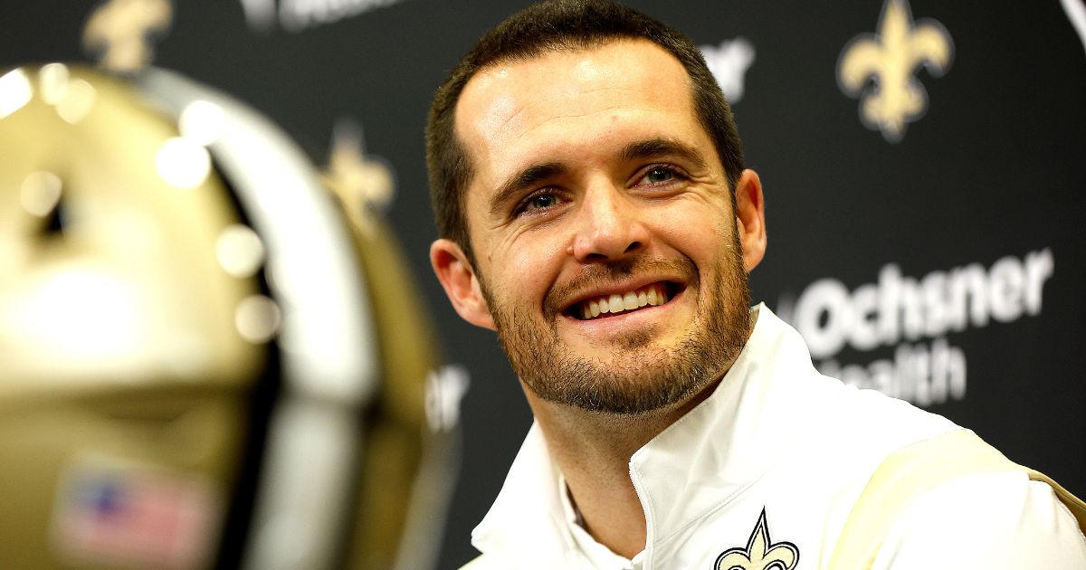 Quarterback Derek Carr speaks during a news conference In New Orleans, Louisiana, after signing a four-year contract with the New Orleans Saints on Saturday.