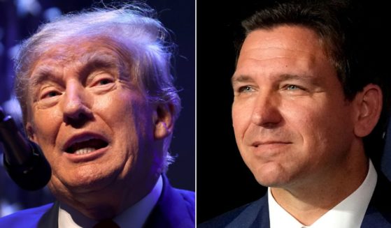 At left, former President Donald Trump speaks during a campaign event at the Adler Theatre in Davenport, Iowa, on Monday. At right, Florida Gov. Ron DeSantis speaks at Palm Beach Atlantic University in West Palm Beach, Florida, on Feb. 15.
