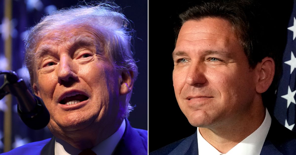 At left, former President Donald Trump speaks during a campaign event at the Adler Theatre in Davenport, Iowa, on Monday. At right, Florida Gov. Ron DeSantis speaks at Palm Beach Atlantic University in West Palm Beach, Florida, on Feb. 15.