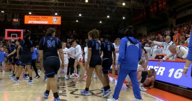 Memphis guard Jamirah Shutes appeared to punch BGSU guard Elissa Brett after a game on Thursday in Bowling Green, Ohio. (@hoopism / Twitter)