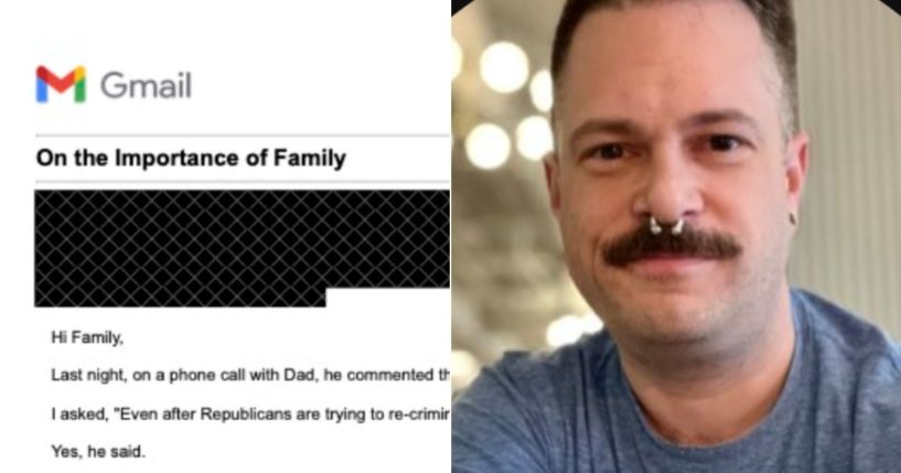 On Wednesday, a Twitter used name Ryan, right, posted an image of an email, left, that he sent to his family, giving them an ultimatum: vote Republican or keep their son.