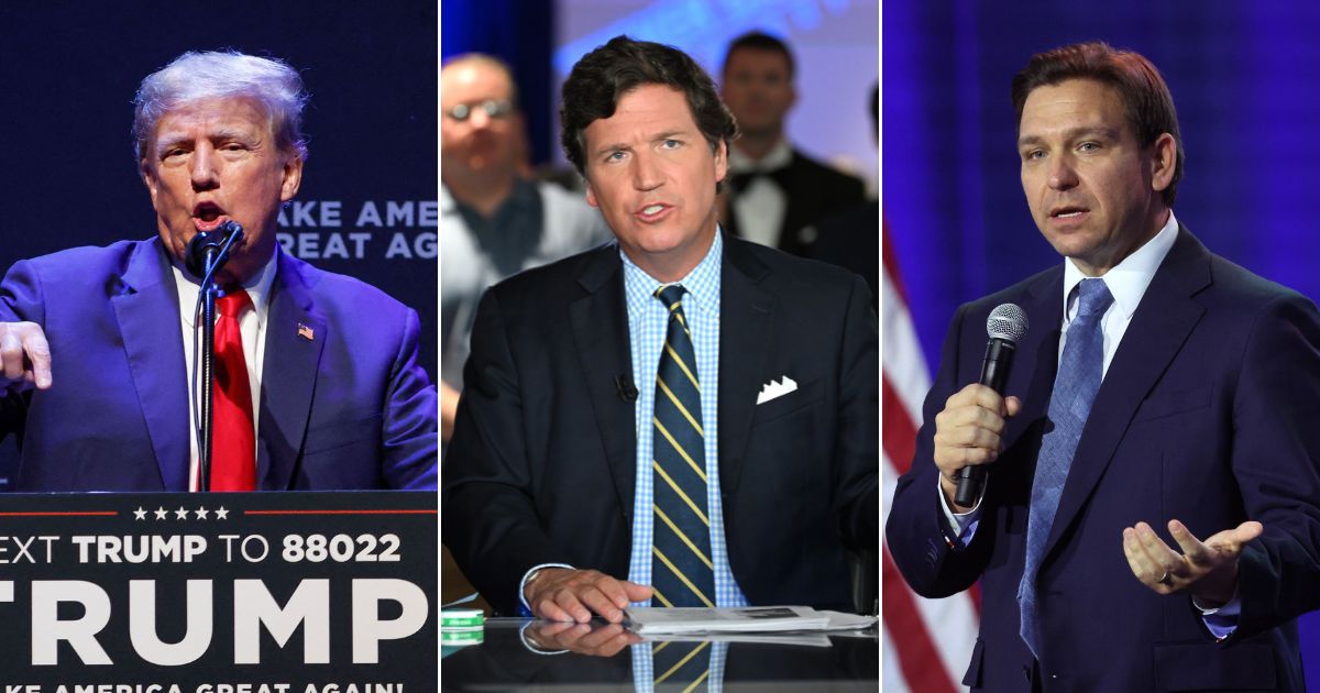 Fox News host Tucker Carlson asked GOP presidential hopefuls, including former President Donald Trump (left) and Florida Gov. Ron DeSantis (right) their position on Ukraine.