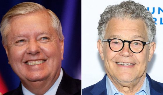 Sen. Lindsey Graham, left, appeared on "The Daily Show" hosted by former Sen. Al Franken, right, on Monday and bet his former colleague that Donald Trump would beat Joe Biden in the 2024 election.
