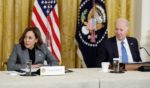 President Joe Biden, right, and Vice President Kamala Harris participate in a meeting with governors in the East Room of the White House in Washington on Feb. 10.