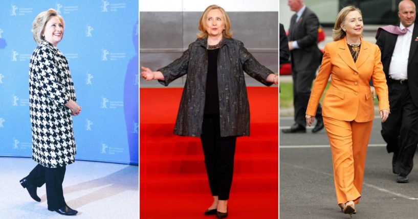 Former Secretary of State and presidential candidate Hillary Clinton is seen in several of the iconic outfits that inspired the name of the Pantsuit Nation Facebook group.