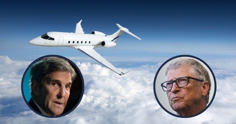 A private jet flies in the above stock image. John Kerry, left, speaks at an international energy conference in Houston on March 6. Bill Gates speaks at Imperial College University on Feb. 15 in London.