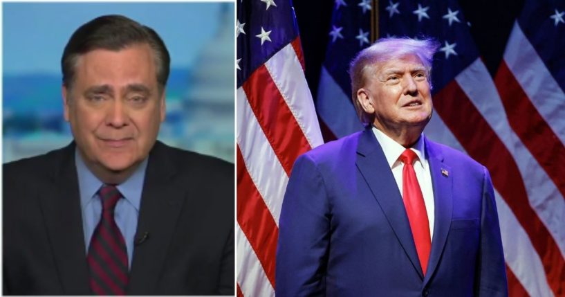 Legal scholar Jonathan Turley, left, appears on Fox News on Tuesday. Former President Donald Trump arrives to speak in Davenport, Iowa, on March 13.