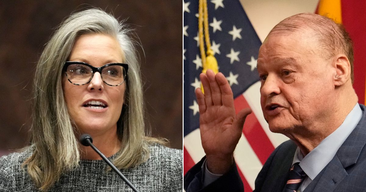 At left, Arizona Gov. Katie Hobbs gives the State of the State address at the state Capitol in Phoenix on Jan. 9. At right, Tom Horne takes the oath of office to be Arizona's state superintendent of public instruction during a ceremony at the state Capitol on Jan. 2.