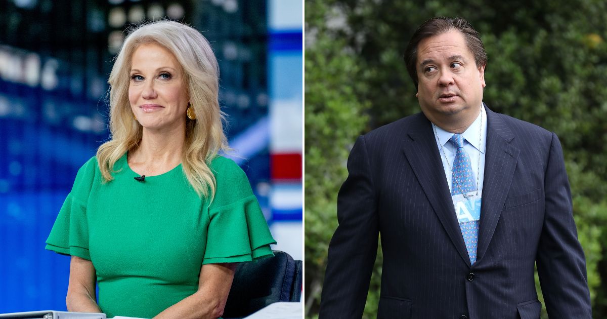Kellyanne Conway appears on Fox News on Nov. 8, 2022, in New York City. George Conway is seen on the South Lawn of the White House on April 17, 2017, in Washington, D.C.