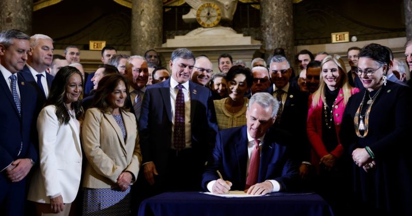 Speaker of the House Kevin McCarthy signs a bill alongside fellow House Republicans at the U.S. Capitol on March 10 in Washington, D.C. The bill will block the enactment of revisions to D.C.'s criminal code.