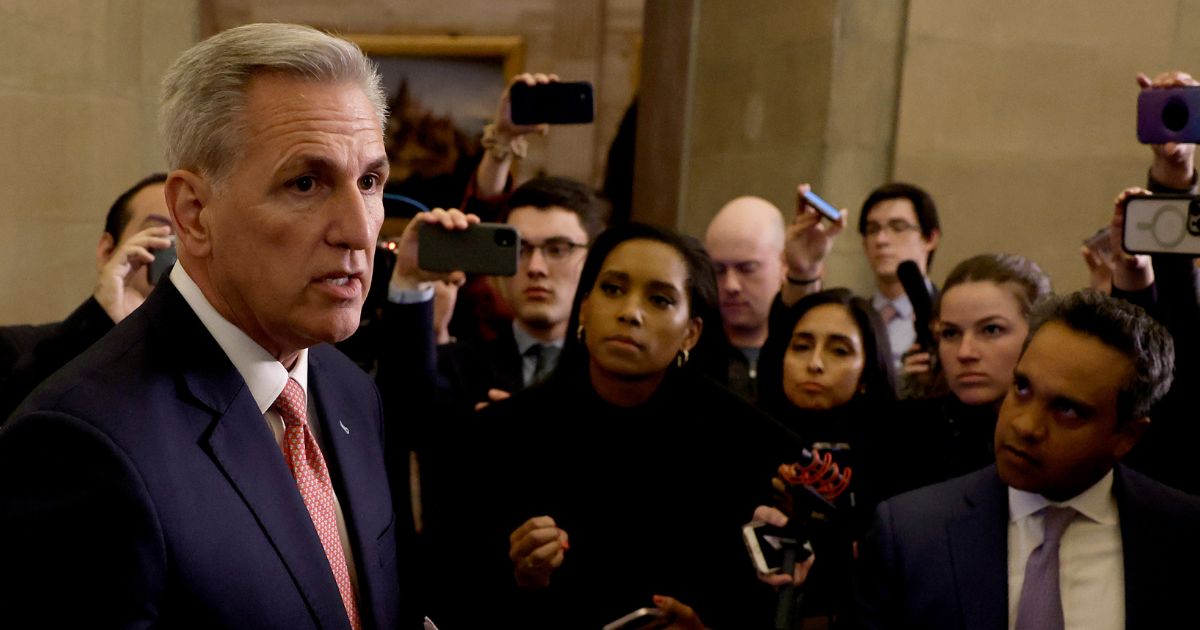 House Speaker Kevin McCarthy talks to reporters outside of his office in the U.S. Capitol Building in Washington on Tuesday.