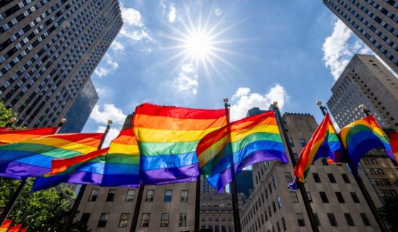 Rockefeller Plaza is decorated with LGBT flags on June 29, 2022, in New York City.