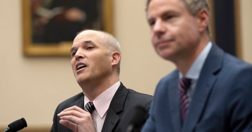 Matt Taibbi, left, with Michael Shellenberger, testifies during a House Judiciary subcommittee hearing on Capitol Hill in Washington, D.C., on March 9.