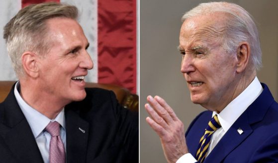 At left, California Republican Rep. Kevin McCarthy waves after he was speaker of the House at the Capitol in Washington on Jan. 7. At right, President Joe Biden speaks in Lanham, Maryland, on Feb. 15.