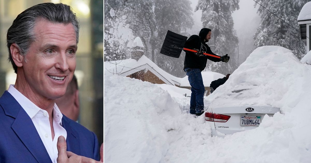 California Gov. Gavin Newsom, left, is nowhere to be found as many Californians find themselves buried under heavy snow and cut off from power and supplies, with another storm on the way.