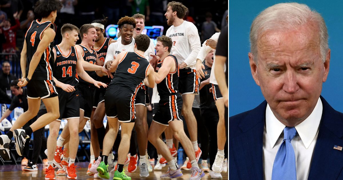 The Princeton Tigers men's basketball team celebrates their NCAA win Thursday, left, as President Joe Biden -- and many others -- cope with the Arizona Wildcats' unexpected loss.
