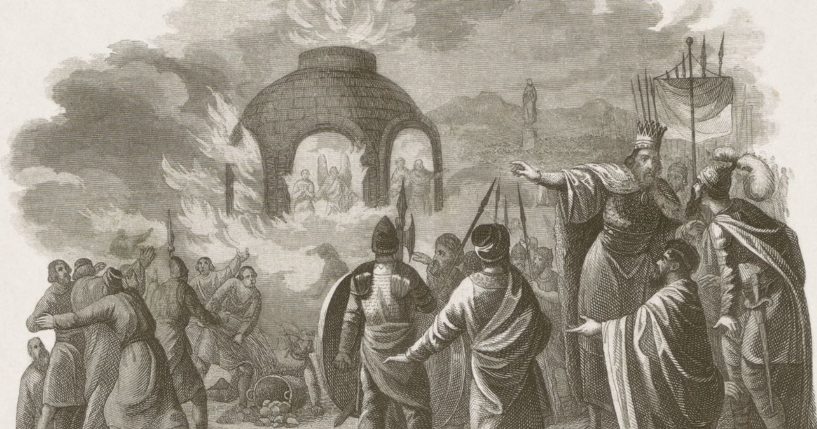 Shadrach, Meshach and Abednego survive the fiery furnace in the above illustration