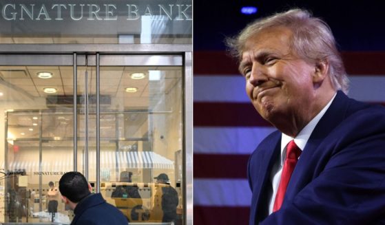 On Sunday evening, Signature Bank, left, was seized by regulators. In January 2021, the bank cut ties with then-President Donald Trump, right, after the Capitol incursion.