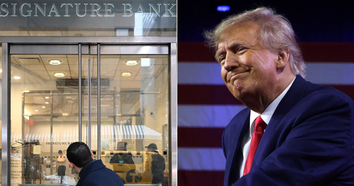 On Sunday evening, Signature Bank, left, was seized by regulators. In January 2021, the bank cut ties with then-President Donald Trump, right, after the Capitol incursion.