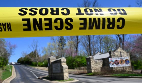 Crime scene tape stretches across the entrance to The Covenant School in Nashville, Tennessee, on Monday following a shooting at the school.