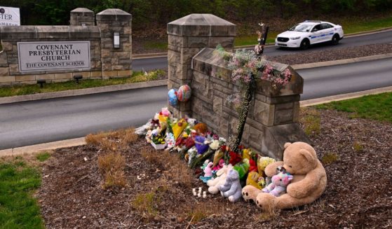 A makeshift memorial is pictured outside of The Covenant School in Nashville, Tennessee, on Tuesday.