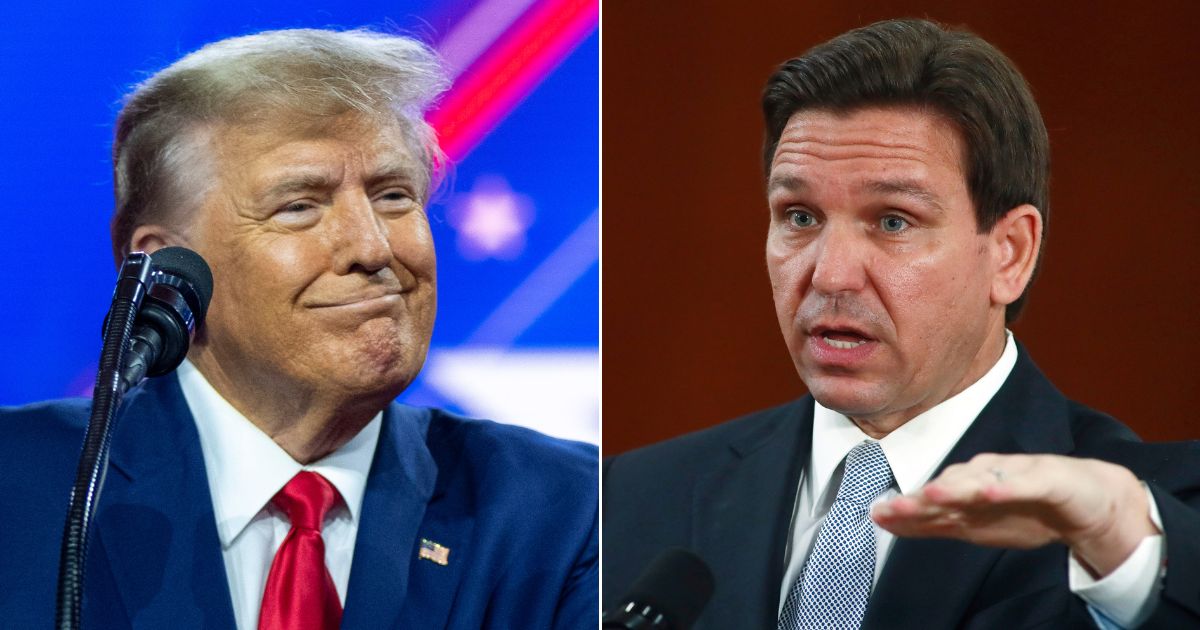At left, former President Donald Trump speaks at the Conservative Political Action Conference at National Harbor in Oxon Hill, Maryland, on Saturday. At right, Florida Gov. Ron DeSantis answers questions following his State of the State address at the Capitol in Tallahassee on Tuesday.
