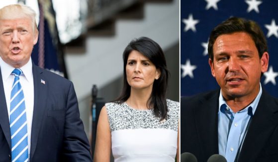 Then-President Donald Trump, left, speaks to the media with then-Ambassador to the United Nations Nikki Haley on Aug. 11, 2017, in Bedminster, New Jersey. Florida Gov. Ron DeSantis speaks in Hialeah, Florida, on Nov. 7, 2022.