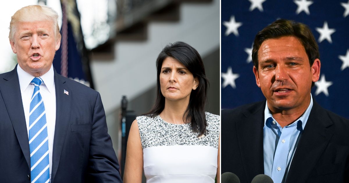 Then-President Donald Trump, left, speaks to the media with then-Ambassador to the United Nations Nikki Haley on Aug. 11, 2017, in Bedminster, New Jersey. Florida Gov. Ron DeSantis speaks in Hialeah, Florida, on Nov. 7, 2022.