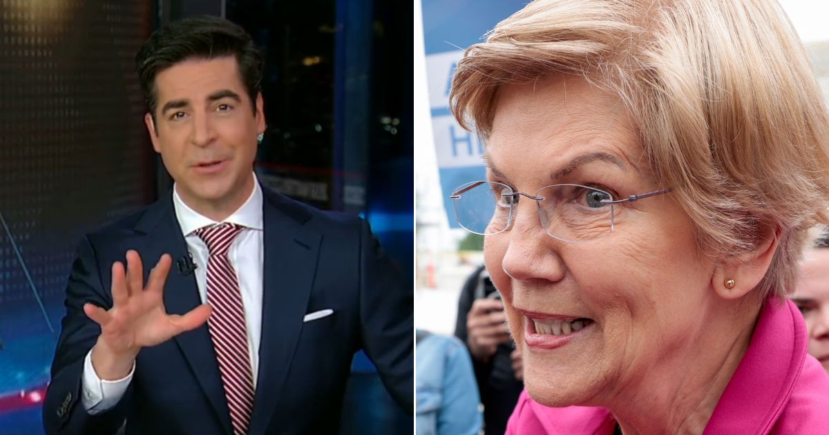 Fox News host Jesse Watters, left, talked about Democratic Sen. Elizabeth Warren, right, and her opposition to the Massachusetts state flag, on his show.