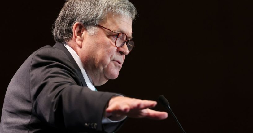 Former Attorney General William Barr speaks at a meeting of The Federalist Society on Sept. 20, 2022, in Washington, D.C.