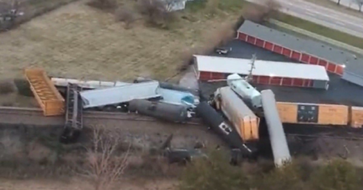 A view of of Saturday's train derailment in Springfield, Ohio, seen from the air.