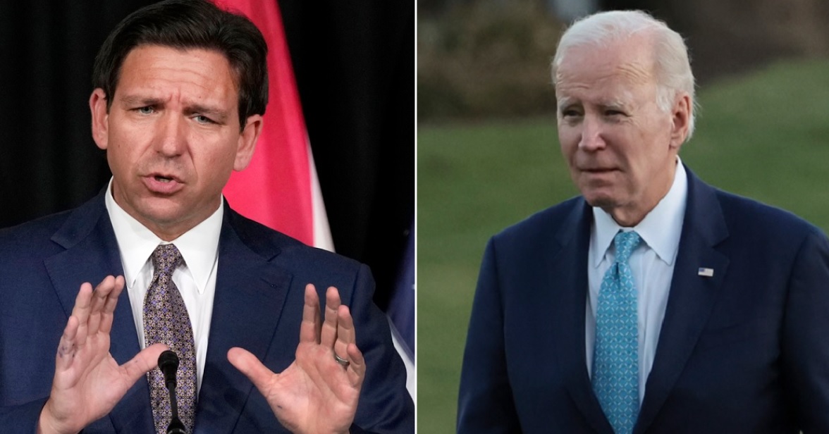 Florida Gov. Ron DeSantis, left, pictured in a Feb. 15 file photo, has issued a letter to President Joe Biden, right, asking if Florida can bring Novak Djokovic, the world's top tennis player, into Florida by boat to get around the administration's "absurd" coronavirus vaccination policies.