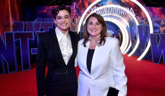 Katy O'Brian, left, and Executive Producer and Executive VP of Production Marvel Studios Victoria Alonso attend the "Ant-Man and The Wasp: Quantumania" world premiere at Regency Village Theatre in Westwood, California, on Feb. 6.