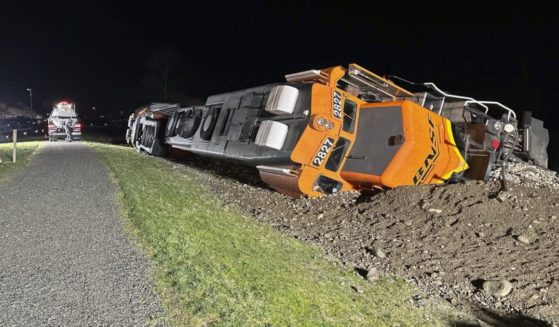A derailed BNSF train on the Swinomish tribal reservation