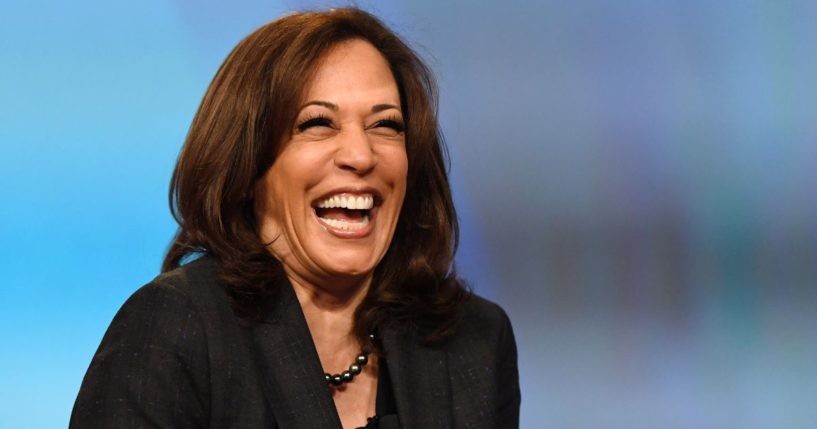 Then Sen. Kamala Harris (D-CA) laughs while speaking at the "Conversations that Count" event during the Black Enterprise Women of Power Summit at The Mirage Hotel & Casino on March 1, 2019, in Las Vegas.