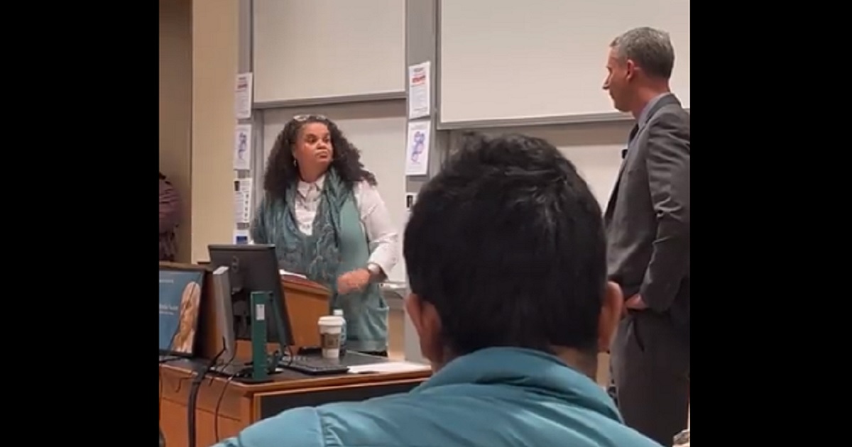 Stanford University Associated Dean Tirien Steinbach confronts U.S. Judge Stuart Kyle Duncan during an event at Stanford last weeki.