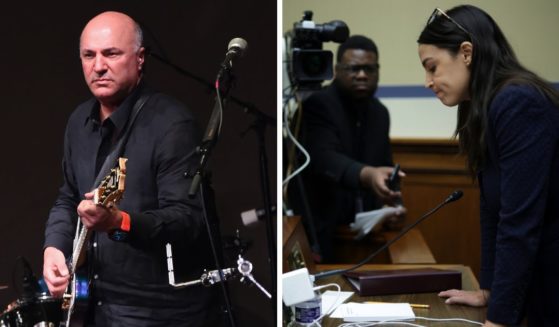 (L) Kevin O'Leary rehearses for Mother Nature Netwok's White House Correspondents' Jam IV on April 27, 2018 at The Hamilton in Washington, DC. (R) Alexandria Ocasio-Cortez speaks to members of the press during a break of a hearing before the House Oversight and Accountability Committee at Rayburn House Office Building on Capitol Hill on February 8, 2023 in Washington, DC.