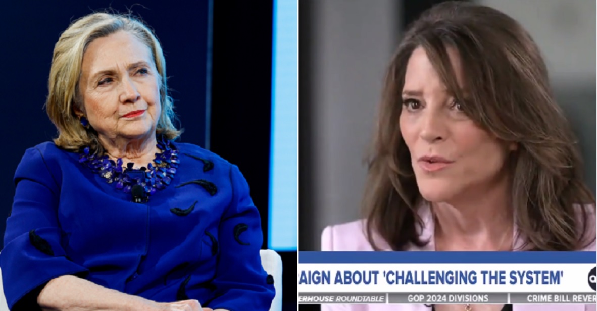 Former first lady, U.S. senator and Secretary of State Hillary Clinton, pictured left, in a November file photo, was the ultimate example of a "shoo-in" candidate in 2016. Marianne Williamson, author and only declared rival to President Joe Biden, right, reminded the world of that in an ABC news interview that aired Sunday. (Anna Moneymaker / Getty )