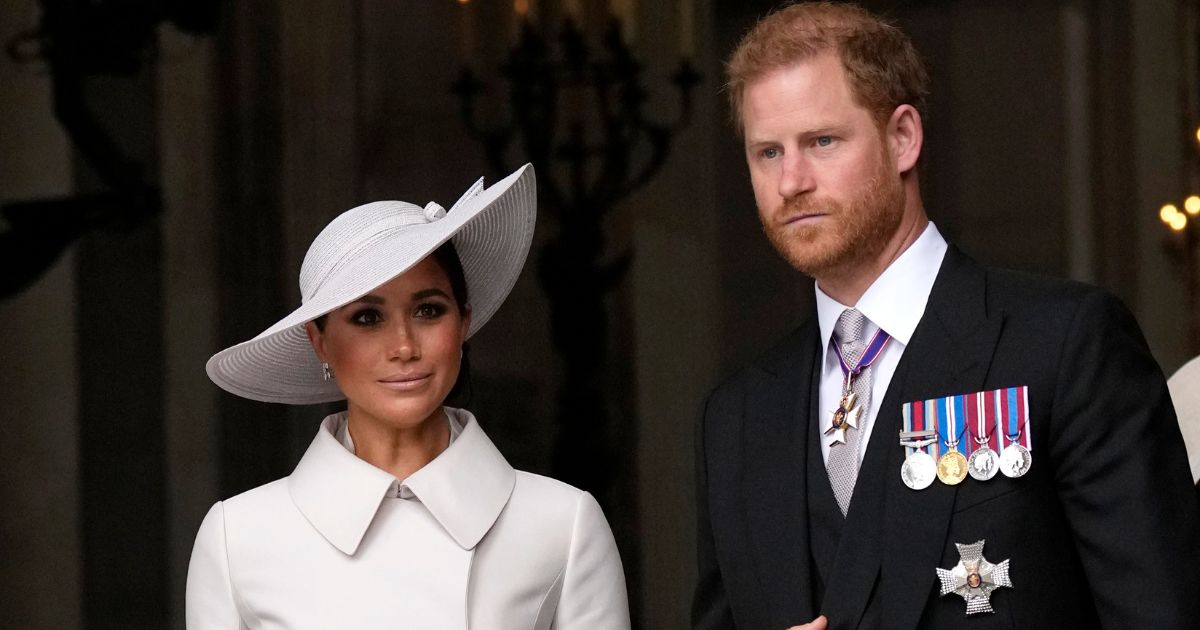 Prince Harry and Meghan Markle, Duke and Duchess of Sussex leave after a service of thanksgiving for the reign of Queen Elizabeth II at St Paul's Cathedral in London on June 3, 2022.