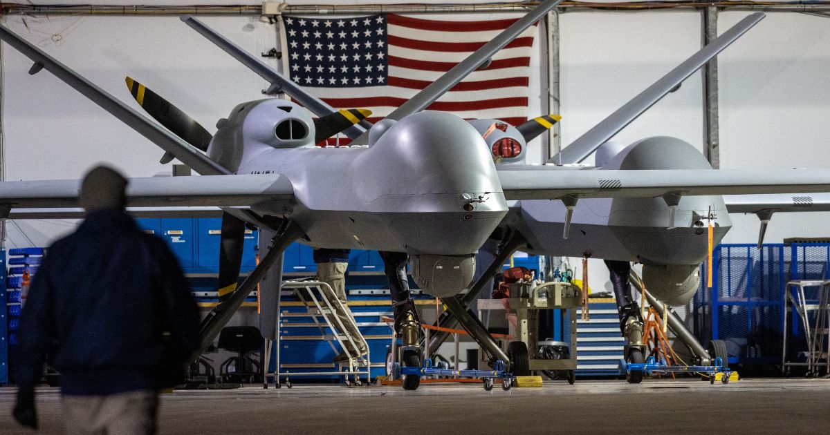 An MQ-9 Reaper drone with Customs and Border Protection (CBP) awaits the next mission over the U.S.-Mexico border on Nov. 4, 2022, at Fort Huachuca, Arizona.