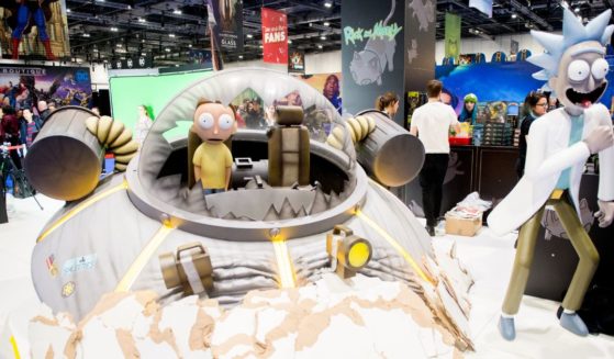 Rick and Morty statues seen during Day 3 of MCM London Comic Con 2018 at ExCel on October 28, 2018 in London.