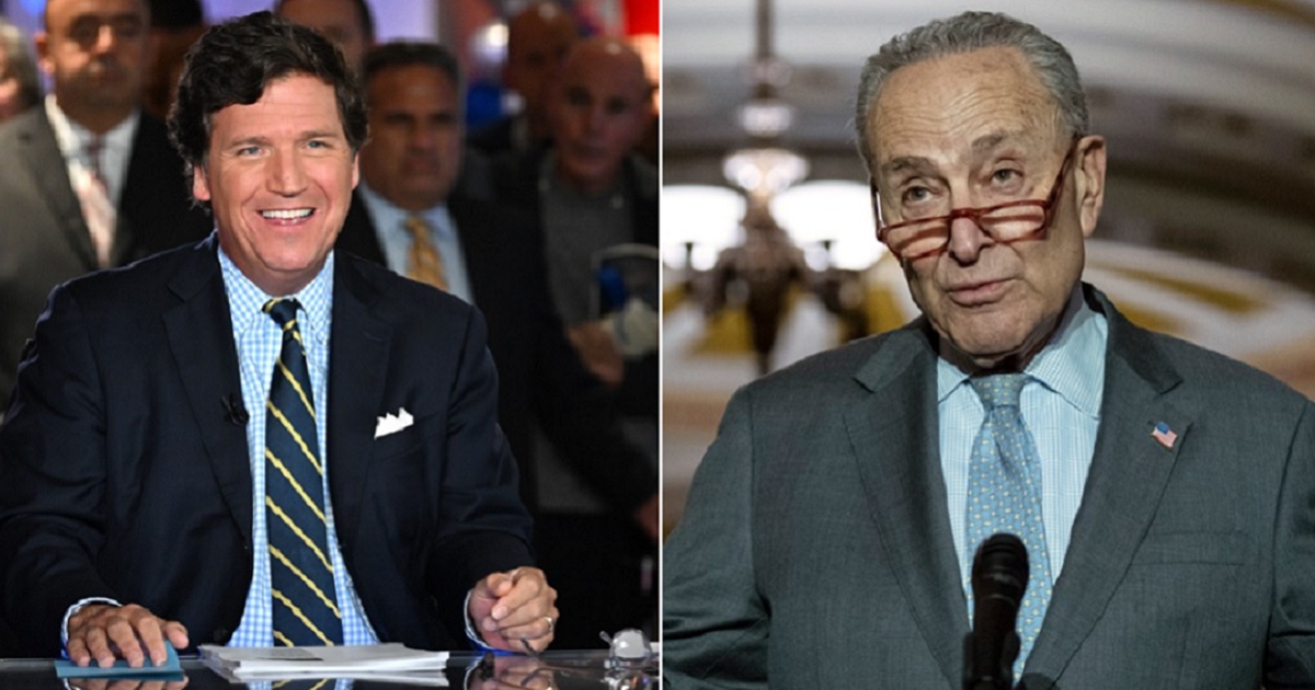 Fox News host Tucker Carlson, left, scored a major ratings win this week when he covered previously unreleased footage of the Capitol incursion. Senate Majority Leader Chuck Schumer, right, appealed to Fox on Tuesday to keep Carlson from airing the second part of his report.