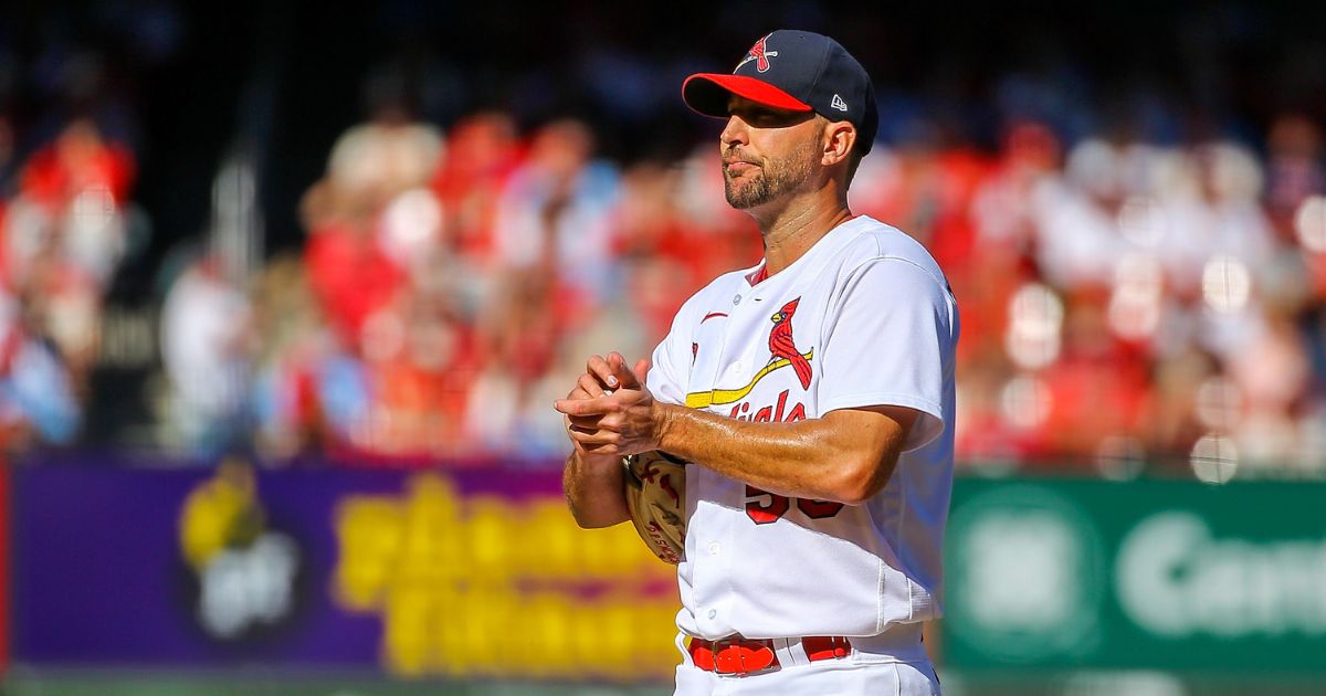 Adam Wainwright #50 of the St. Louis Cardinals pauses on the mound during the fifth inning against the Pittsburgh Pirates at Busch Stadium on Oct. 2, 2022, in St. Louis.