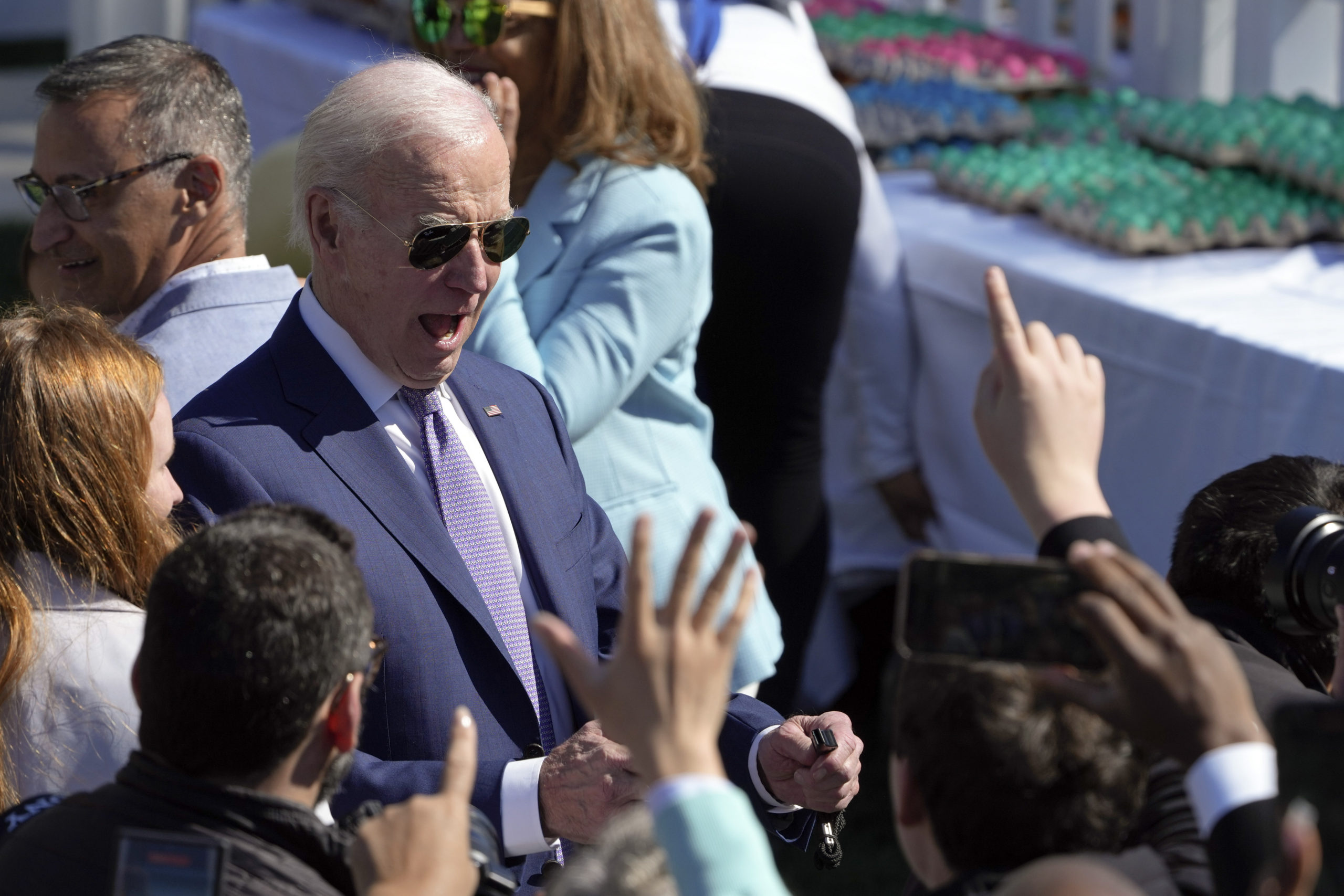 Joe Biden greets guests at the 2023 White House Easter Egg Roll